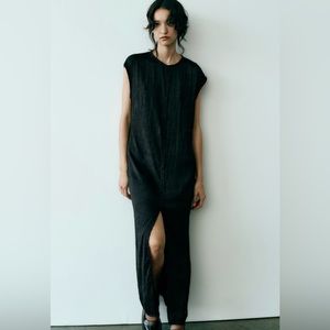 ZARA Wrinkled Satin Effect Midi Dress Black - NWT